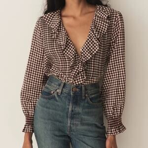 Doen Hardy Ruffle Button Pintuck V Neck Long Sleeve Blouse Top Delphine Plaid